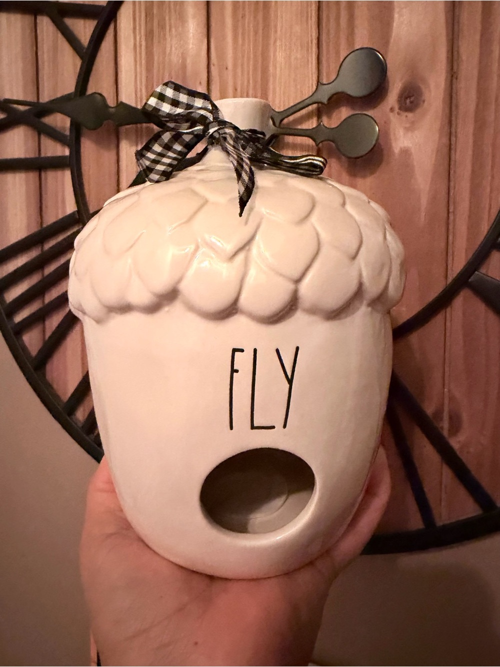 Rae Dunn White Acorn-Top Ceramic Bird House 'FLY'; NWOT